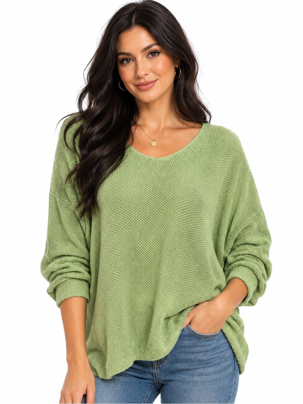 Sarah Arizona Light Green Scoop Neck Open Knit Sweater Small